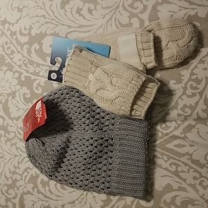 The North Face grey beanie and Isotoner cream mittens